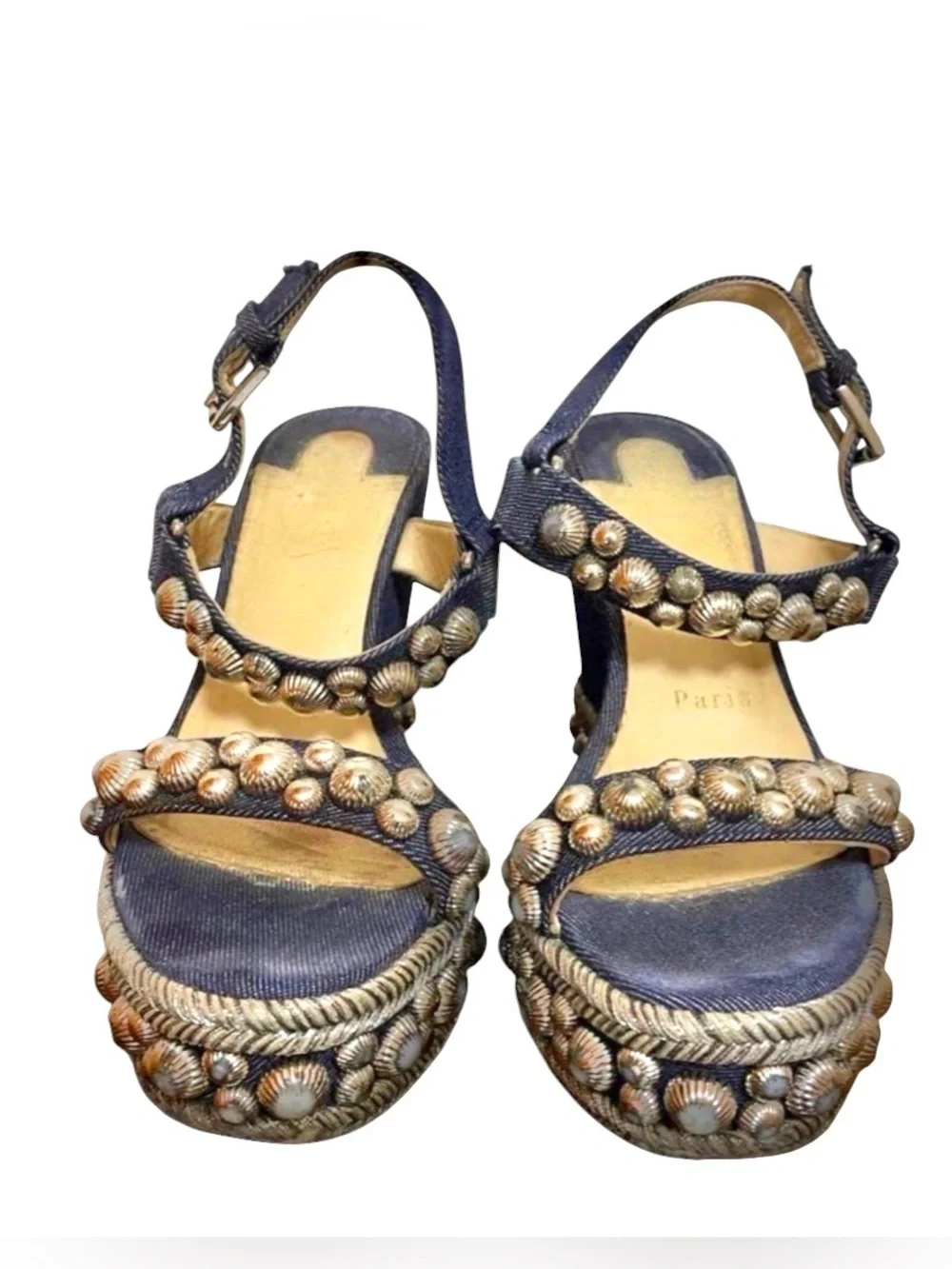 Christian Louboutin Denim 120 Rondaclou Wedge Studded Spike Sandals
